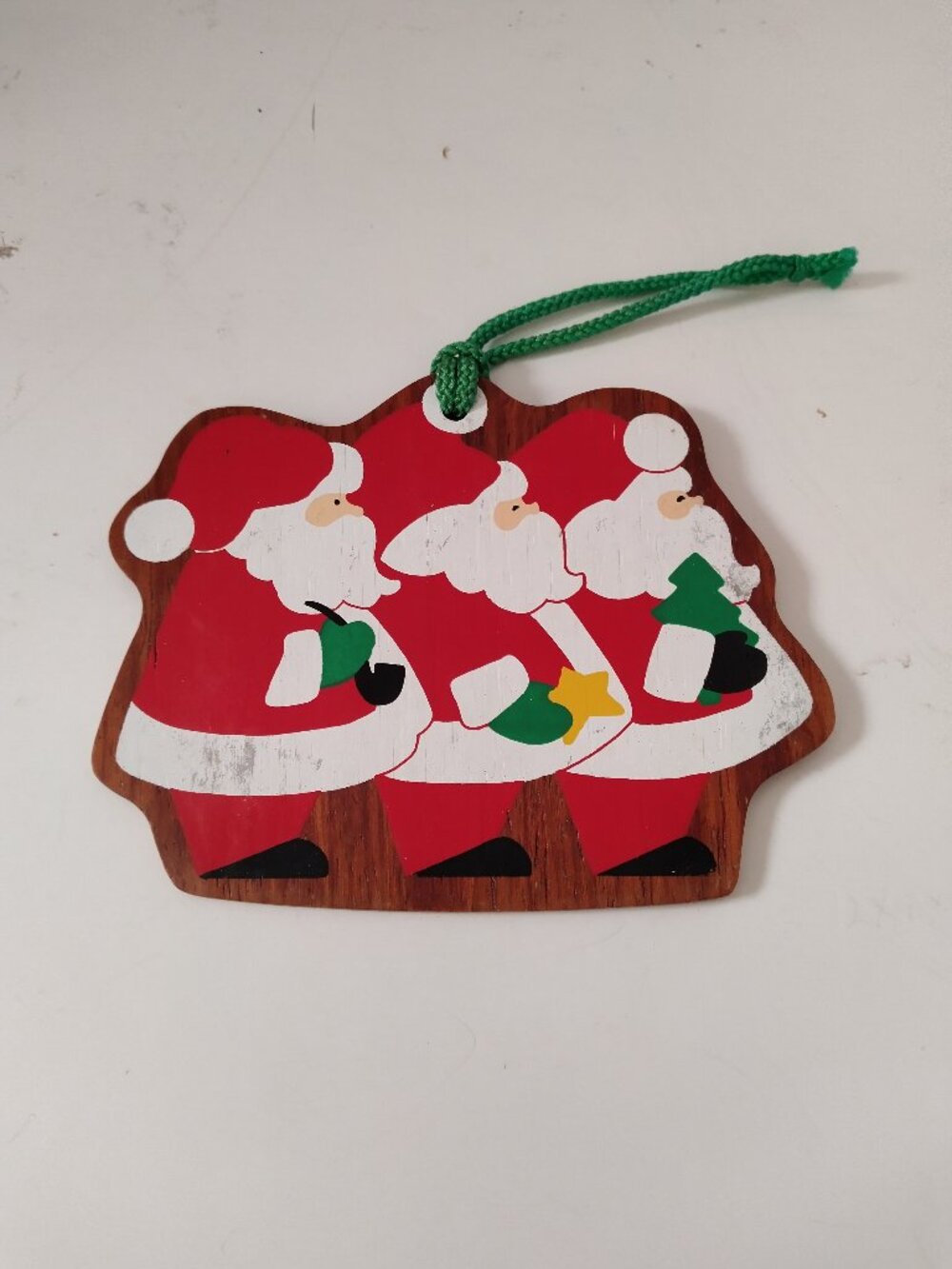 Vintage 1987 Wooden Xmas Ornament 3 Santas
